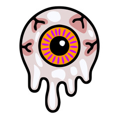 Spooky Halloween vector illustration of a melting eyeball with orange and purple iris, featuring a unique dripping effect and bold black outlines.