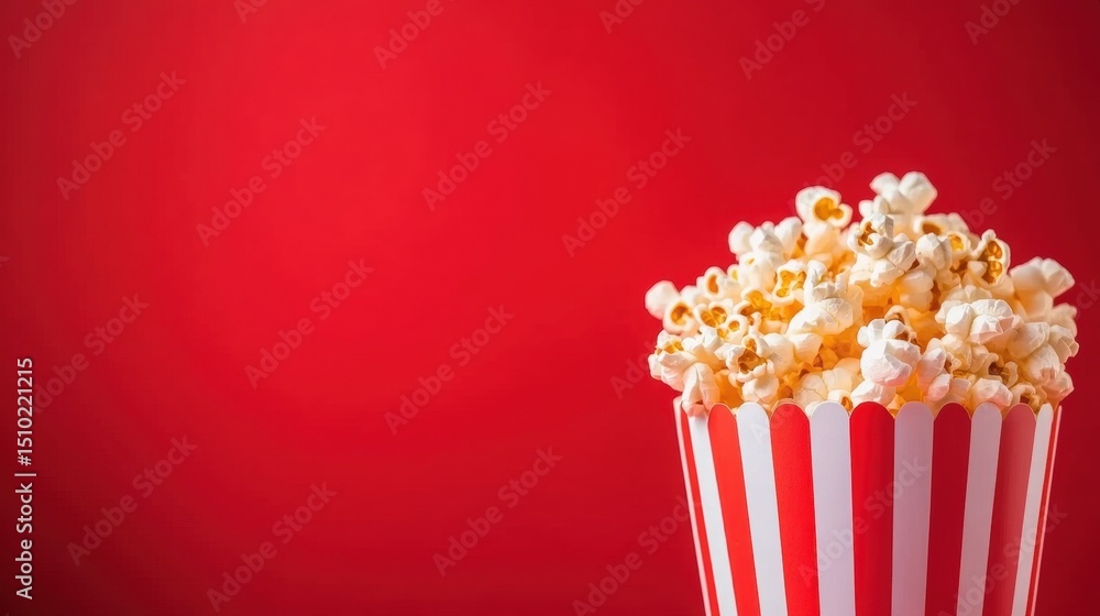 Poster enjoying popcorn in a cozy setting with a vibrant red background