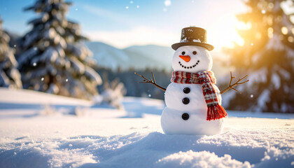 a festive winter scene featuring a snowman with a top hat adorned with a plaid ribbon, standing in the center of a snow covered field