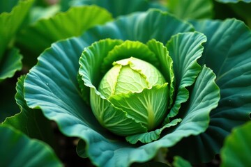 Obraz premium Green cabbage plant with leaves surrounded by lush garden foliage, nature, plants, greenery