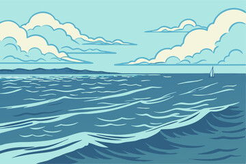Seascape Illustration: Calm Ocean with Sailboat and Clouds
