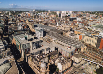 Glasgow Scotland: 18th May 2025: Drone view of Glasgow skyline. View of Glasgow Central station and...