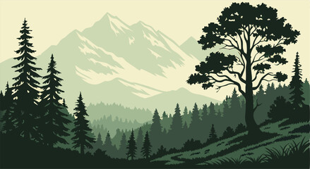 Fototapeta premium Mountain Landscape Silhouette: Green Forest, Trees, and Peaks
