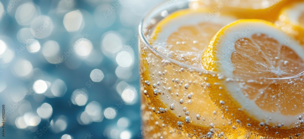 Poster refreshing sparkling drink with lemon slices and bokeh background