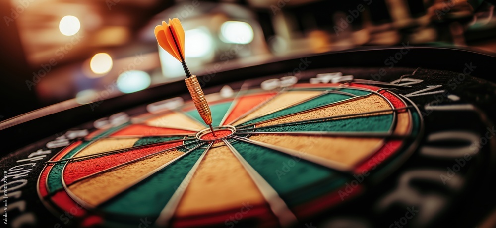 Poster dartboard with dart in bullseye at a lively pub setting