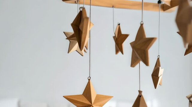 Close-up of a handcrafted wooden baby mobile with star ornaments hanging in a neutral room, creating a serene and charming ambiance for children.