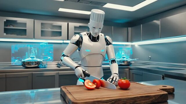 A sleek humanoid robot chef tomato wooden cutting futuristic kitchen, glowing neon accents, clean stainless steel, red tomato sharply contrasts metallic environment, cinematic 4K realistic CG style