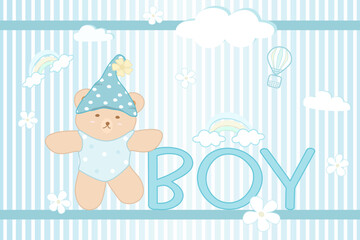 Vector - Cute Teddy bear border or frame on newborn boy concept. Album photo book, scrapbook, invitation card.