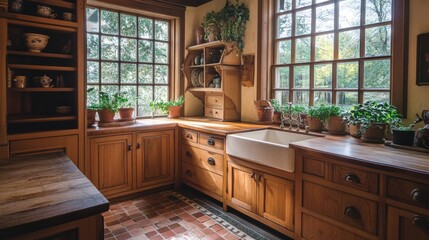 A spacious kitchen with a farmhouse sink, large wooden cabinets, and a touch of greenery from potted plants on the windowsill, creating a charming, homey atmosphere