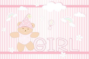 Vector - Cute Teddy bear border or frame on newborn girl concept. Album photo book, scrapbook, invitation card.
