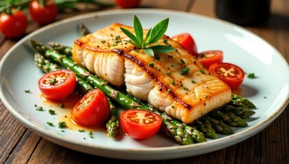 Grilled salmon served atop a bed of roasted asparagus and fresh tomatoes with sprigs of rosemary , asparagus, Baked salmon, food
