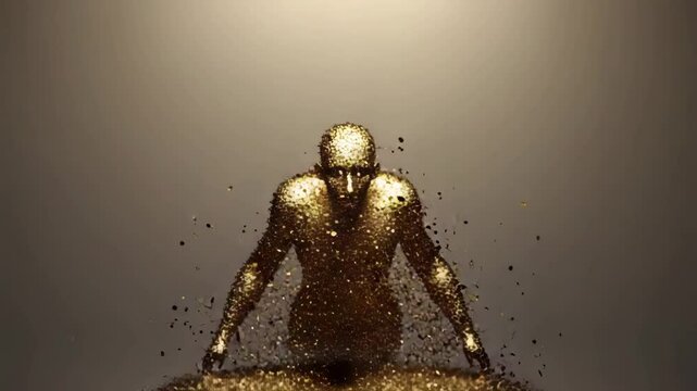 Silhouette of man made of golden particles disintegrating in dark space, surreal concept of disappearance and transformation