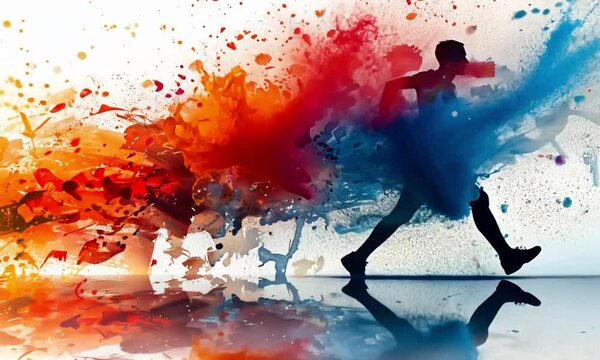 Abstract runner silhouette with colorful paint splashes.