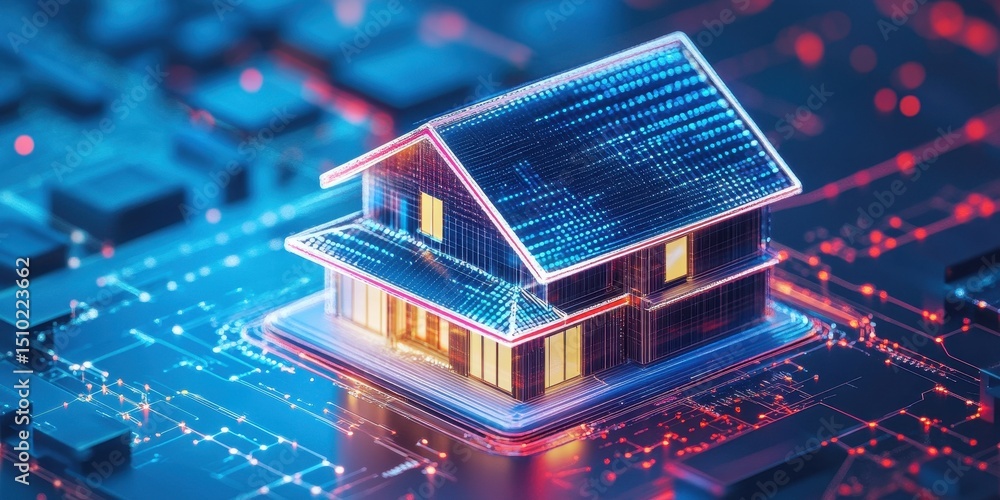 Poster smart home in the digital realm: a futuristic depiction of a smart home, interwoven with digital cir