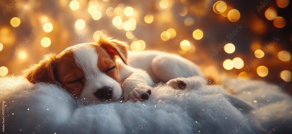 Poster sleeping puppy on fluffy blanket with warm bokeh lights in background