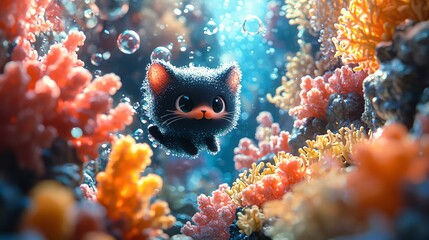 Cute Black Cat Swimming Amid Vibrant Coral Reef Underwater Scene