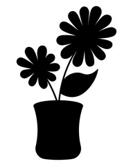 Houseplant. Black silhouette. Flower in a pot with inflorescences and large leaves. Vector illustration. Isolated white background. Idea for web design