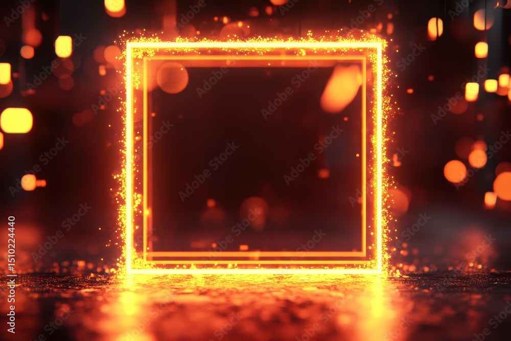 Aufkleber fiery square frame: glowing square frame with vibrant, fiery sparks and bokeh background, perfect fo