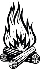 Monochrome Campfire Illustration with Burning Flames and Logs for Outdoor Themes