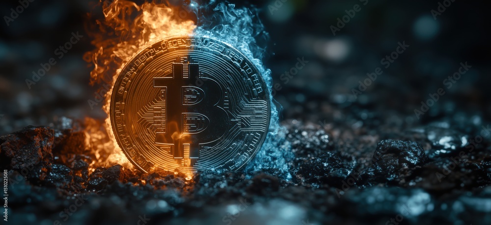 Poster Bitcoin coin split between fire and ice representing volatility and duality in cryptocurrency