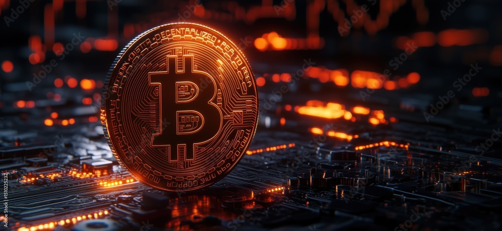 Poster bitcoin cryptocurrency symbol glowing on circuit board with digital data background