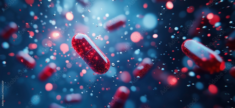 Poster red capsules floating in a vibrant blue background with sparkling particles