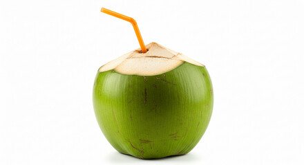 A single green coconut with an orange straw on a white background in a studio shot close up view
