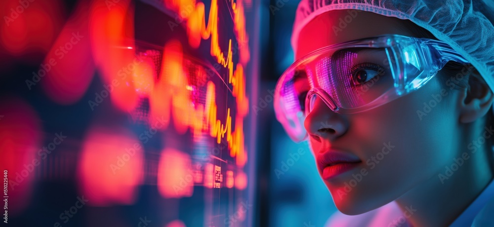 Poster scientist analyzing data on digital screen in laboratory with vibrant colors and focus