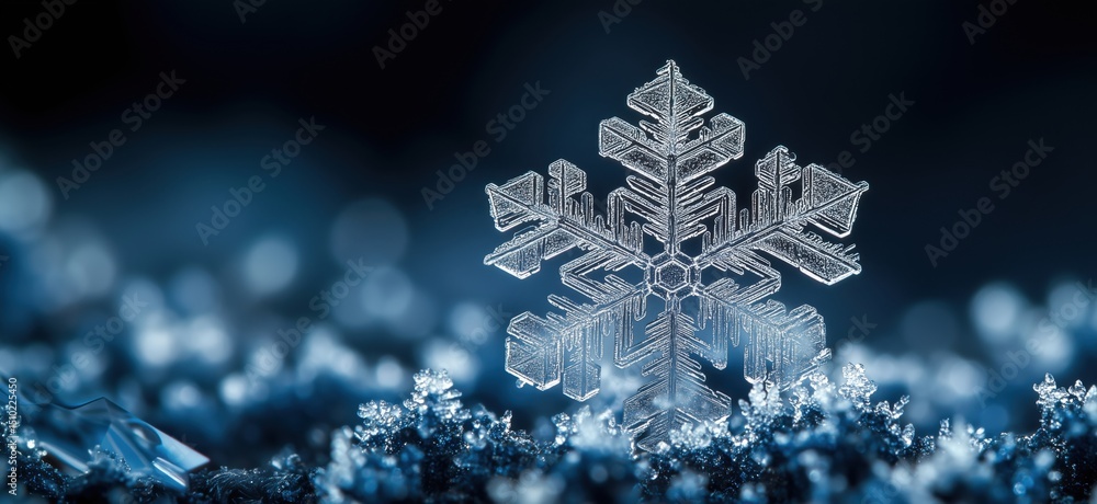Poster intricate snowflake crystal on shimmering winter background with bokeh effect