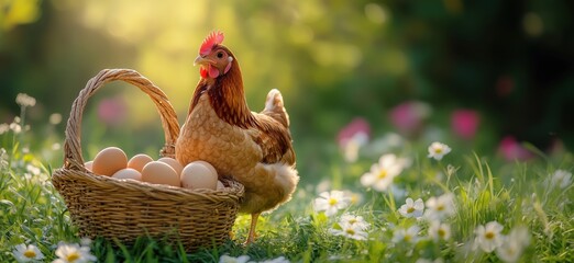 Chicken beside basket of fresh eggs in a blooming garden setting