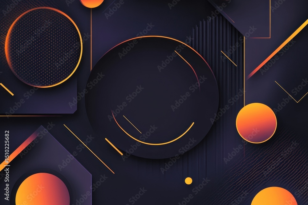Poster abstract geometric shapes: dark background with vibrant orange and yellow geometric shapes, circles,