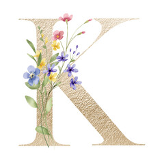 Gold monogram, letter K, floral alphabet with wildflowers, Initials perfectly for logo, wedding invitation, greeting card, poster and other design. Digital illustration hand drawing.