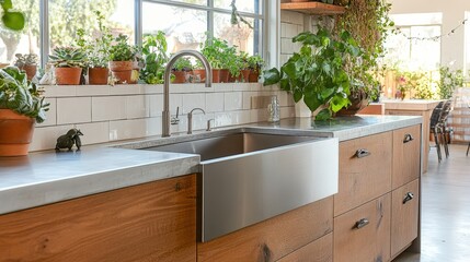 Fototapeta premium A stainless steel farmhouse sink with a wide basin, complemented by wooden cabinetry and hanging plants, bringing a cozy and natural vibe to the kitchen