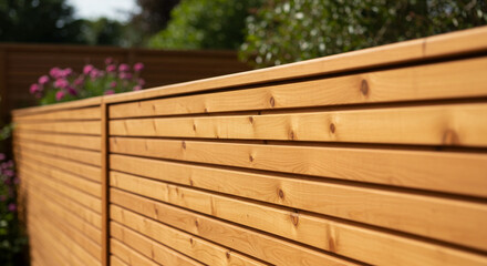 Fototapeta premium A close up of a wooden fence with pink flowers and green trees visible in the background outside in daytime