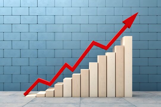 Red business graph with an arrow pointing up, signifying growth and financial success
