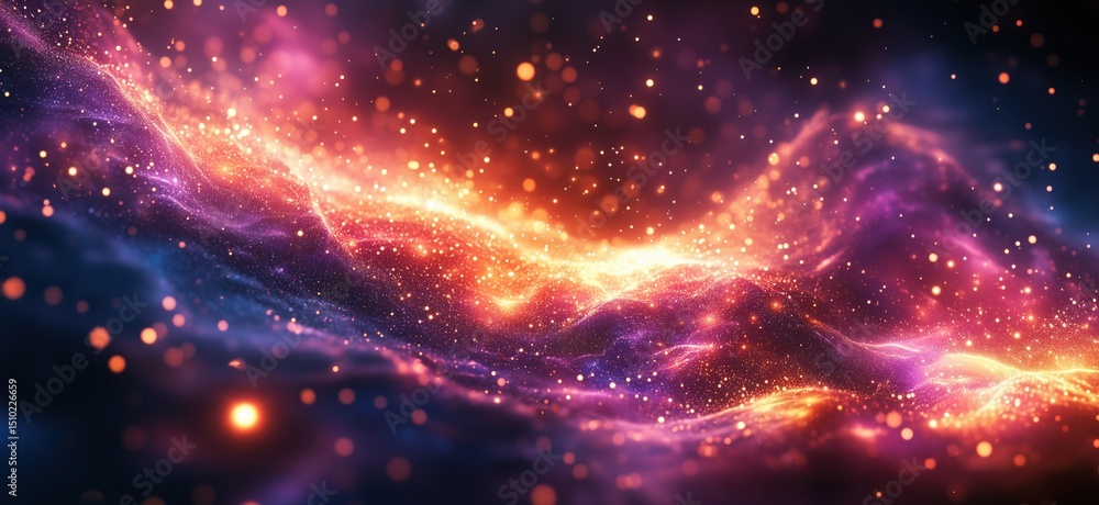 Poster cosmic nebula with vibrant colors and glowing particles in deep space