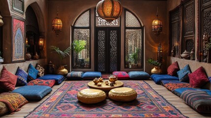 A vibrant, traditional interior space, featuring a richly-patterned rug, colorful cushions, and ornate lighting