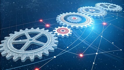 Digital technology and engineering concept with interconnected gears and network lines displaying efficiency and innovation.