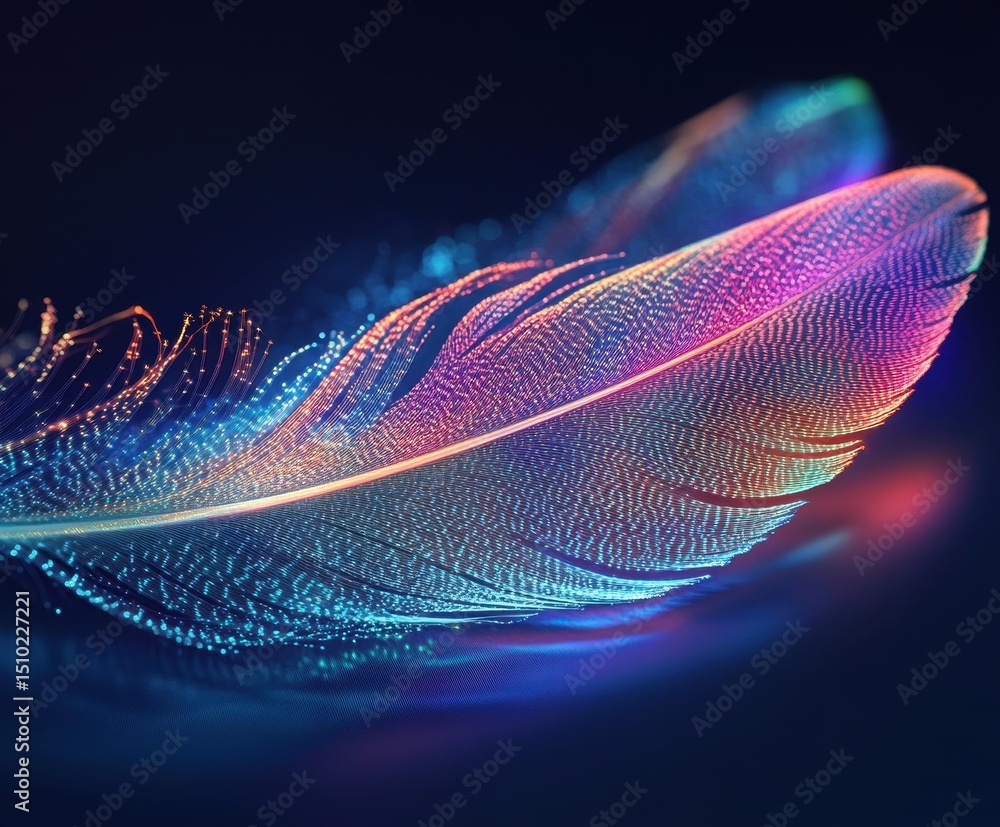 Poster enchanting feather: a luminous feather, radiating an array of vibrant colors and captivating lumines