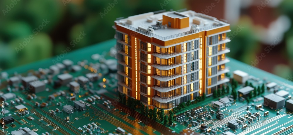 Poster modern building on circuit board representing technology and architecture integration