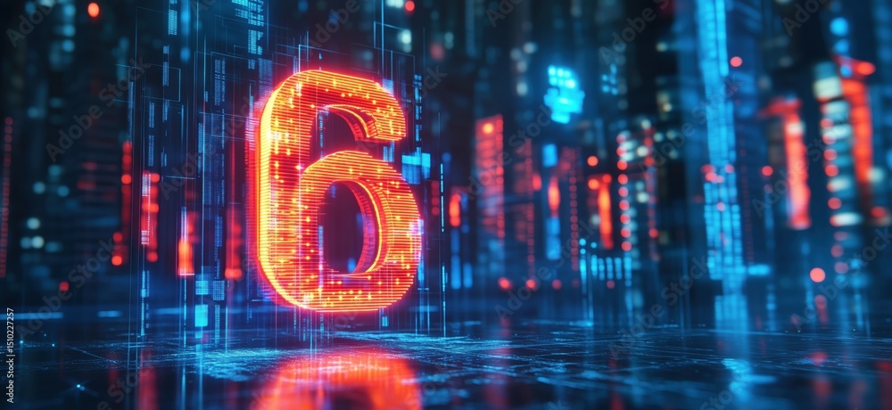 Poster glowing number 6 in futuristic digital cityscape with neon lights and data streams