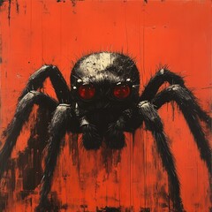 A menacing spider, bold strokes, vibrant red background