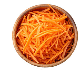 top down view of a wooden bowl filled with vibrant shredded carrots on white background