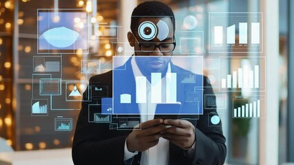 African American businessman using smartphone with financial charts and data overlay - Powered by Adobe