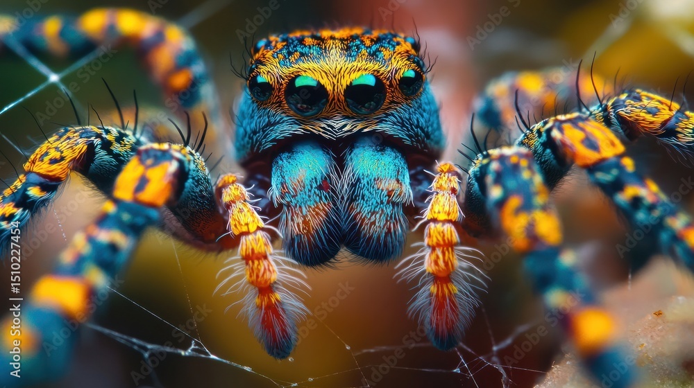 Wall mural vibrant jumping spider in its web. close-up macro view showcasing intricate patterns and colors