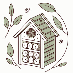Insect hotel made from natural materials surrounded by leaves, promoting biodiversity