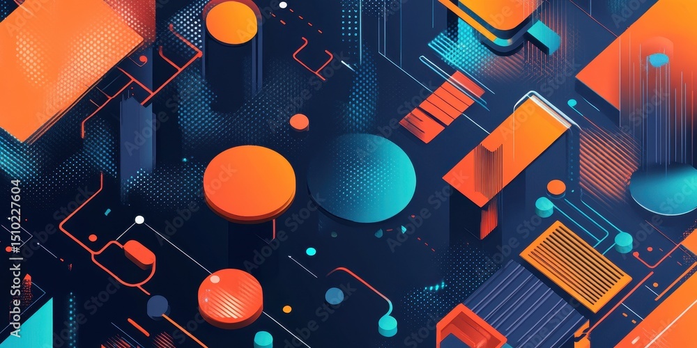 Poster digital abstraction: an intricate and vibrant digital abstraction, displaying geometric shapes and a