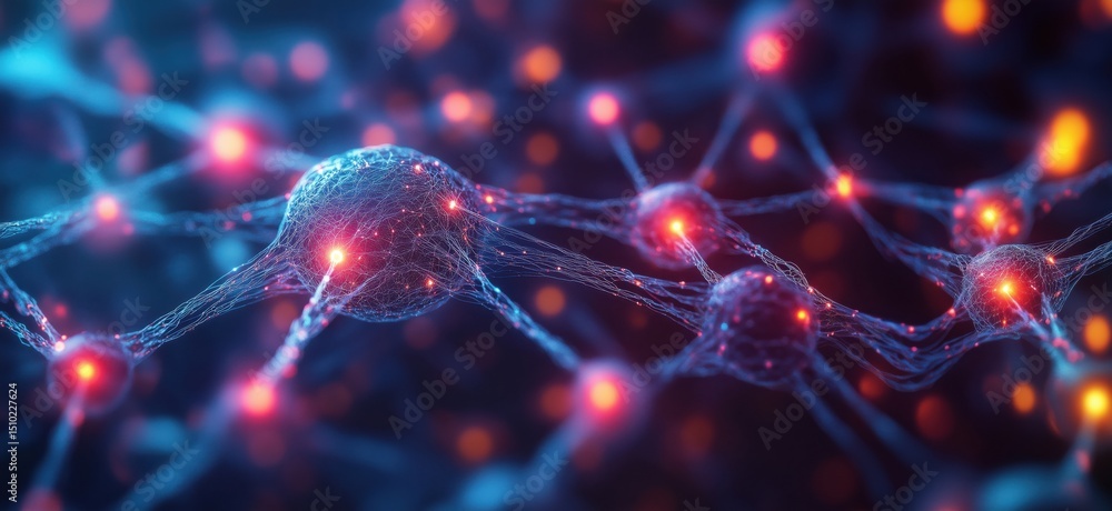 Poster neural network visualization with glowing neurons and synapses in abstract digital art