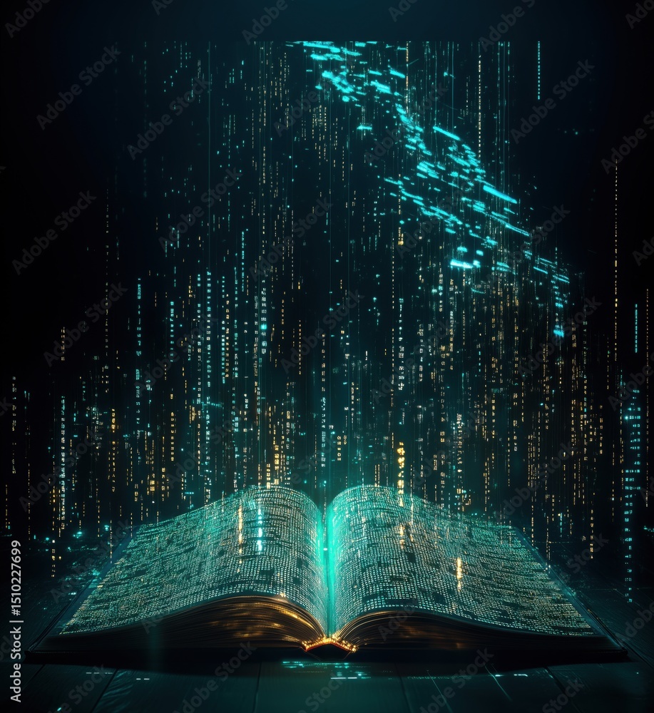 Poster open book with glowing digital data streams representing knowledge and technology