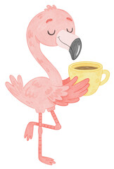 Cute flamingo with coffee cup , pink tropical bird watercolor illustration